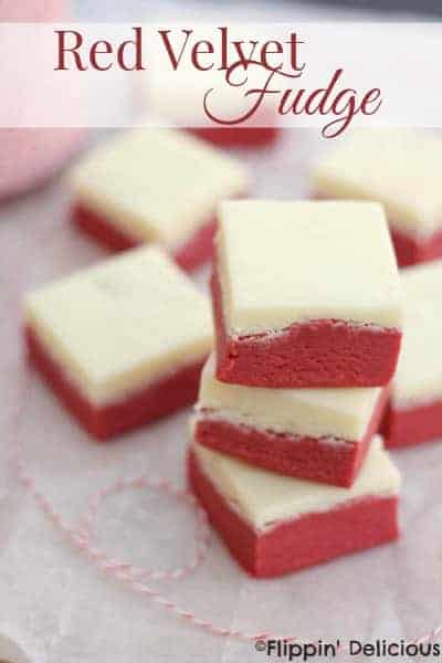 Red velvet fudge, with a cream cheese frosting fudge layer. Naturally gluten-free!
