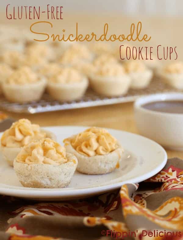 Gluten-free snickerdoodle cookie cups are soft and chewy, with all the sweetness and spiciness of a traditional snickerdoodle cookie. Filled with creamy pumpkin mousse and drizzled with just a touch of sweet salted caramel sauce they taste like the pumpkin pie from your dreams.