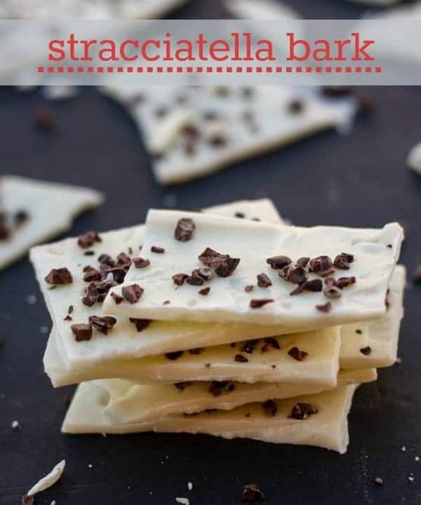 Sweet and creamy white chocolate and dark crunchy cacao nibs come together into this Stracciatella bark recipe. Great for giving as a gift or snacking on.