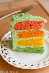 Gluten-free rainbow layer cake with buttercream frosting. Perfect for birthdays!