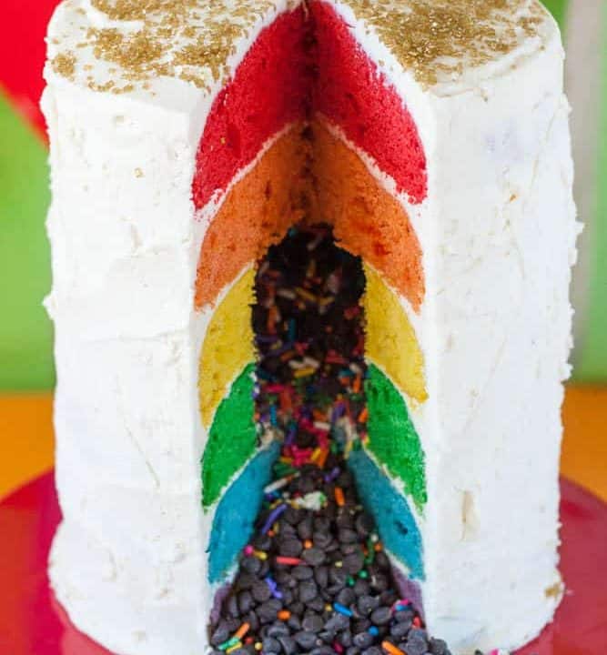 Sweet gluten-free rainbow layer cake with buttery frosting, perfect for a kid's birthday or any fun celebration. What is more fun than a bright colored cake that everyone can eat?