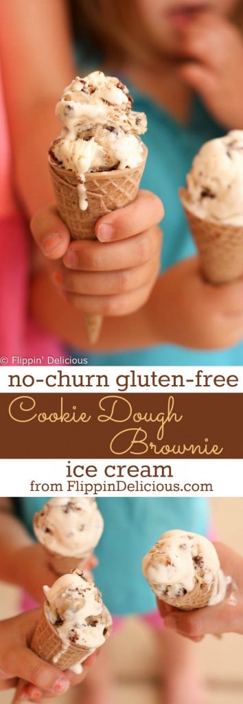 Creamy no churn gluten free cookie dough brownie ice cream, perfect for a hot summer day. Easy no churn ice cream base with gluten free cookie dough and fresh baked brownies swirled in. It tastes just like one of my favorite ice cream flavors, Ben & Jerry's Half Baked. 