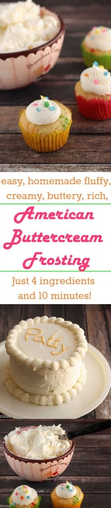 This Easy Homemade American Buttercream Frosting recipe will quickly become one of your favorites! Just 4 ingredients and it is so creamy and fluffy! Naturally gluten-free.