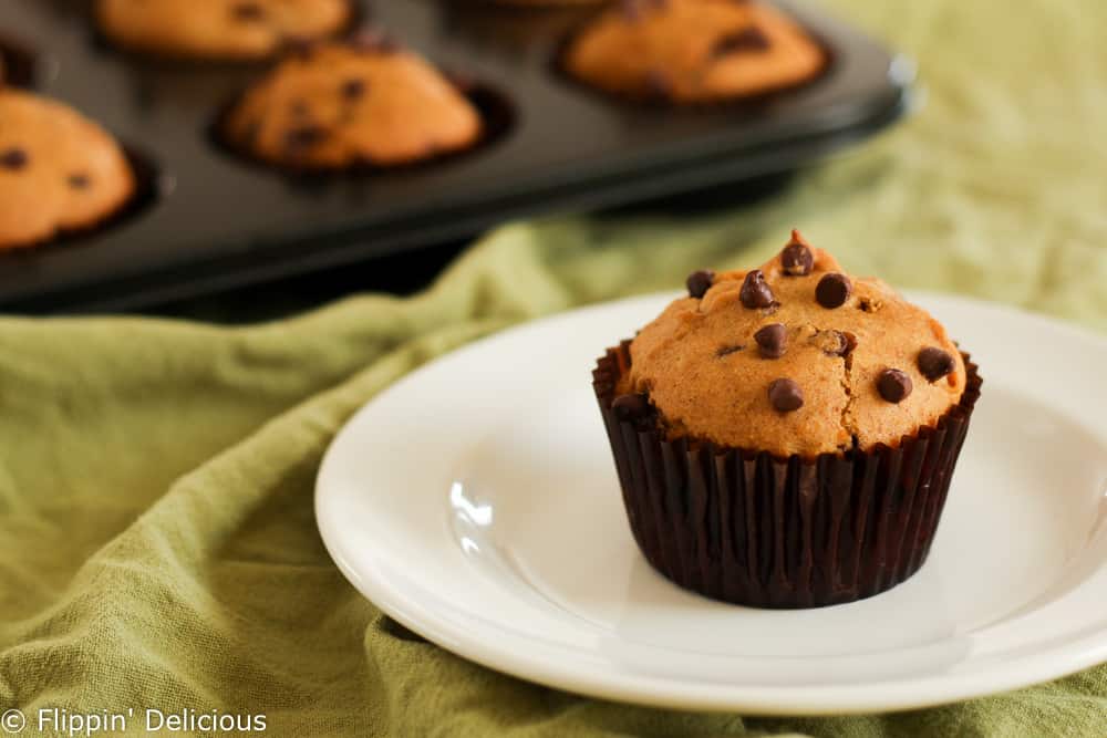 gluten free pumpkin chocolate chip muffin in a brown glassine muffin liner, sitting on a white plate on top of a green dish towel with more vegan gluten free pumpkin muffins in the background