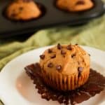 Gluten free pumpkin chocolate chip muffins. This recipe is perfect for fall, but I bake these gluten free pumpkin chocolate chip muffins all year long!