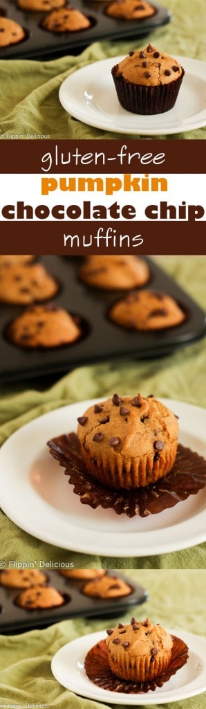 collage of gluten free pumpkin chocolate chip muffin pictures, with text "gluten free pumpkin chocolate chip muffins"