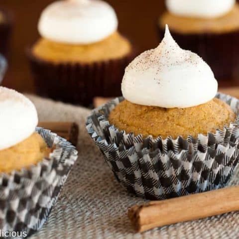Moist gluten free pumpkin cupcakes with all the flavors of fall, topped with creamy tangy cream cheese frosting.