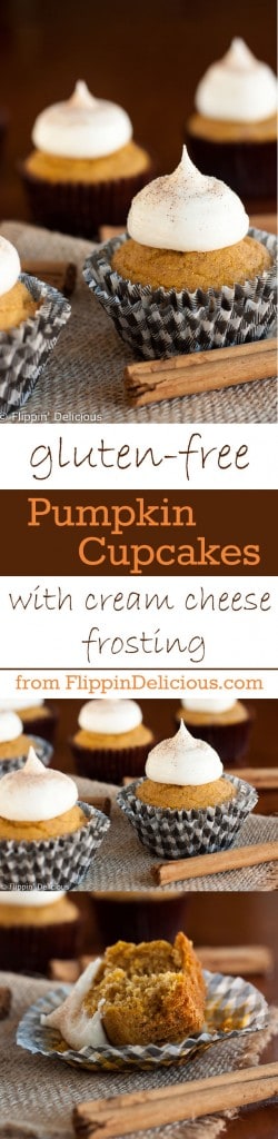 Moist gluten free pumpkin cupcakes with all the flavors of fall, topped with creamy tangy cream cheese frosting.