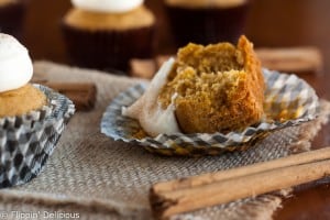 Moist gluten free pumpkin cupcakes with all the flavors of fall, topped with creamy tangy cream cheese frosting.