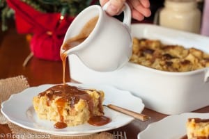 This easy gluten free eggnog bread pudding with bourbon caramel sauce is perfect for the holidays. (dairy free options) It makes a custardy holiday dessert, or an indulgent Christmas morning breakfast.