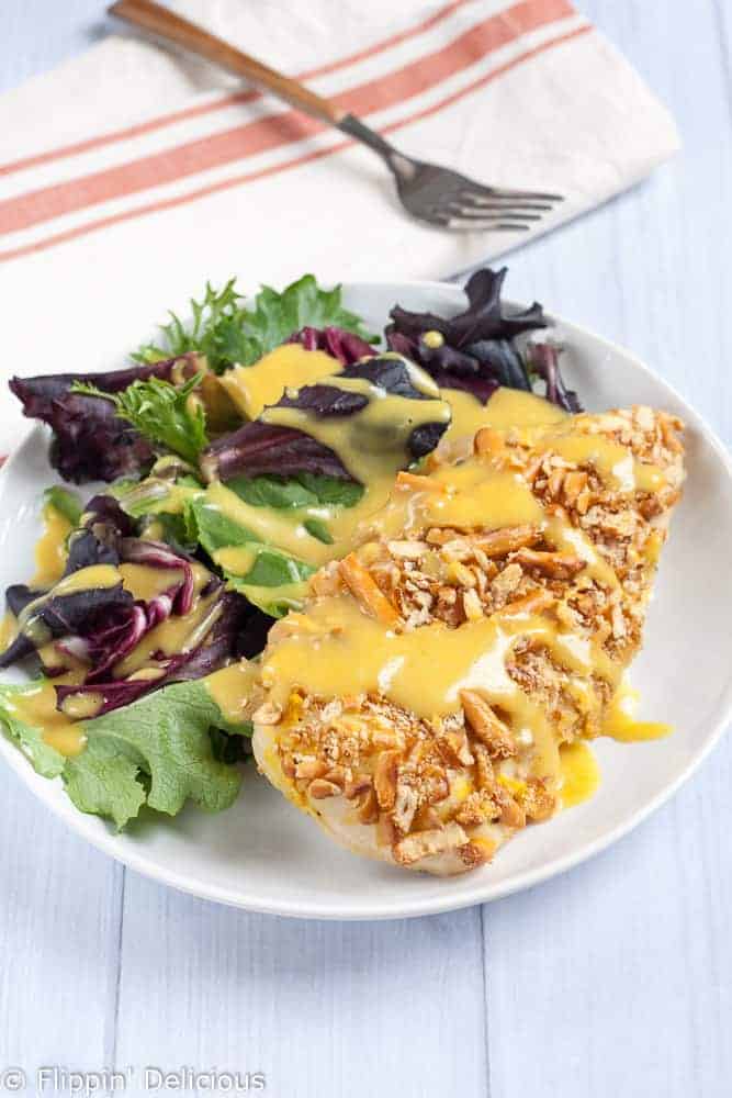 Gluten Free Pretzel Chicken with honey mustard makes an easy dinner that is healthier for you too!