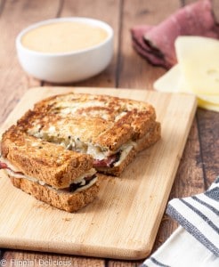 These Gluten Free Rueben Sandwich Dippers are my twist on the classic Rueben sandwich. Made with gluten free rye-style bread, pastrami, swiss cheese, sauerkraut, mustard and served with Thousand Island to dip. The perfect appetizer to share or hearty lunch!