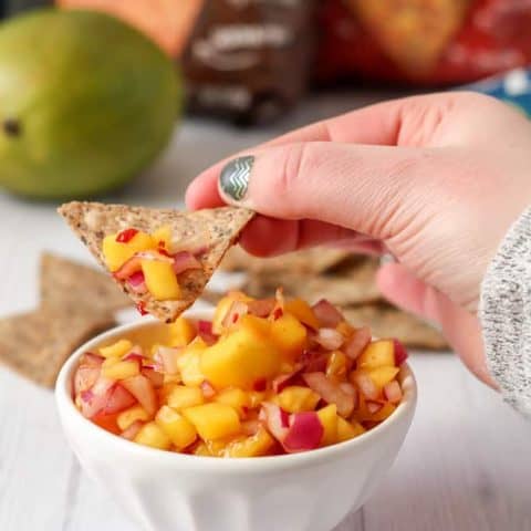 This Easy Chipotle Mango Salsa is sweet with a hint of heat and it has just 3 ingredients!