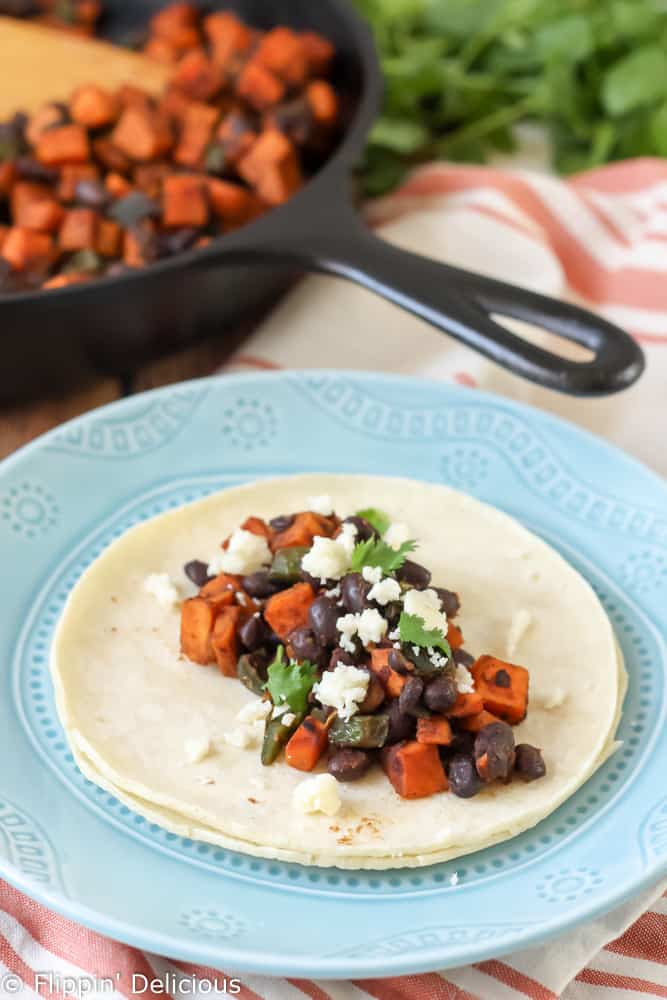 These Sweet Potato Black Bean Vegetarian Tacos make a quick and easy filling meal. The fire roasted poblano peppers add a great smoky flavor!