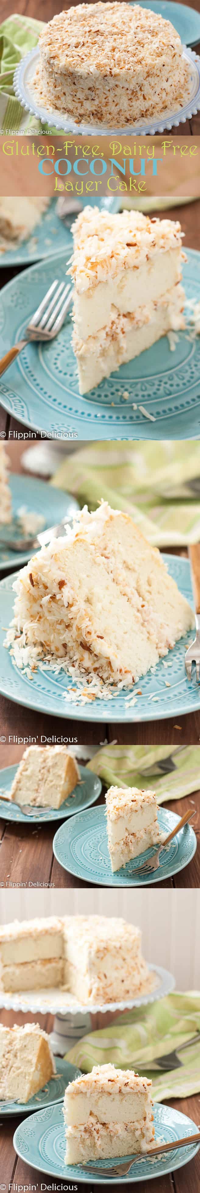 This Dairy Free Gluten Free Coconut Layer Cake is a stunning spring dessert. The toasted coconut sprinkled all over the silky dairy free coconut buttercream hides any imperfections making this is an easy, show-stopping dessert for Easter.