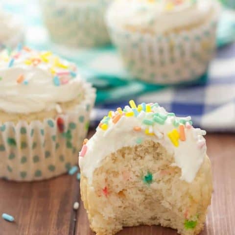 Celebrate with these easy Gluten Free Funfetti Cupcakes with Gluten Free Cake Batter Frosting!