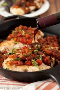 This Bruschetta Chicken Skillet combines all of the flavors of fresh roma tomatoes, sweet red onions, and syrupy balsamic vinegar in an easy naturally gluten free and dairy free weeknight meal.