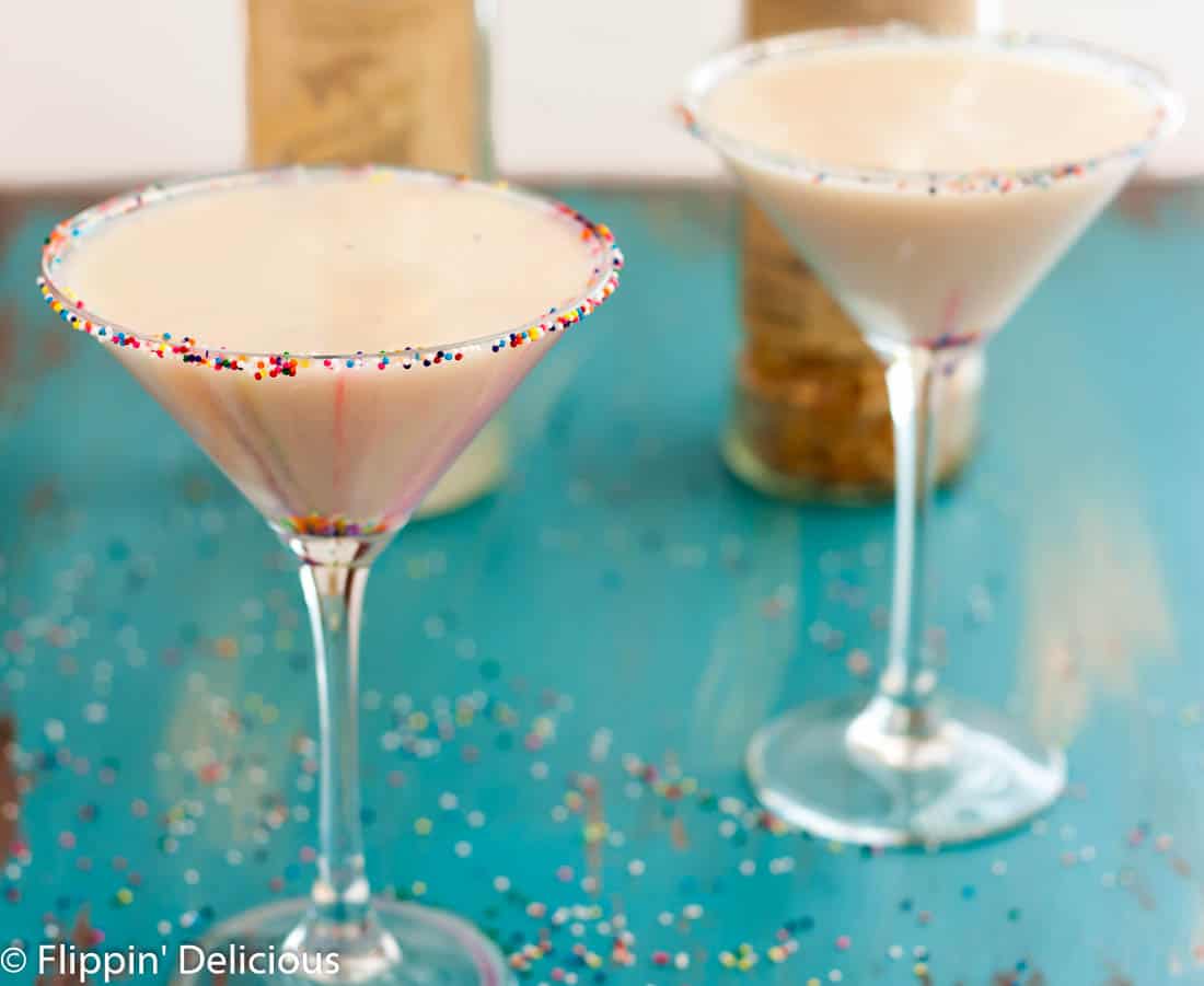 Dairy Free Funfetti Martinis... no one has to skip these because of allergies. A sweet and creamy cocktail with lots of sprinkles!