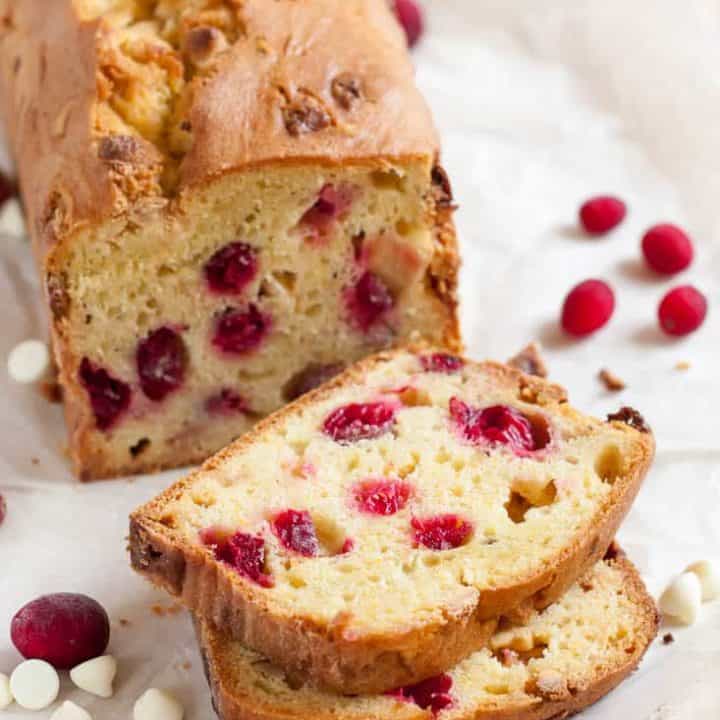 Moist gluten free cranberry bread with orange, white chocolate, and hazelnuts is the ultimate holiday quick bread! Dairy free option.