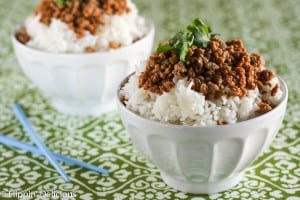 This gluten free Korean ground turkey and rice bowl makes a crowd pleasing dinner that is on the table in less than 20 minutes!