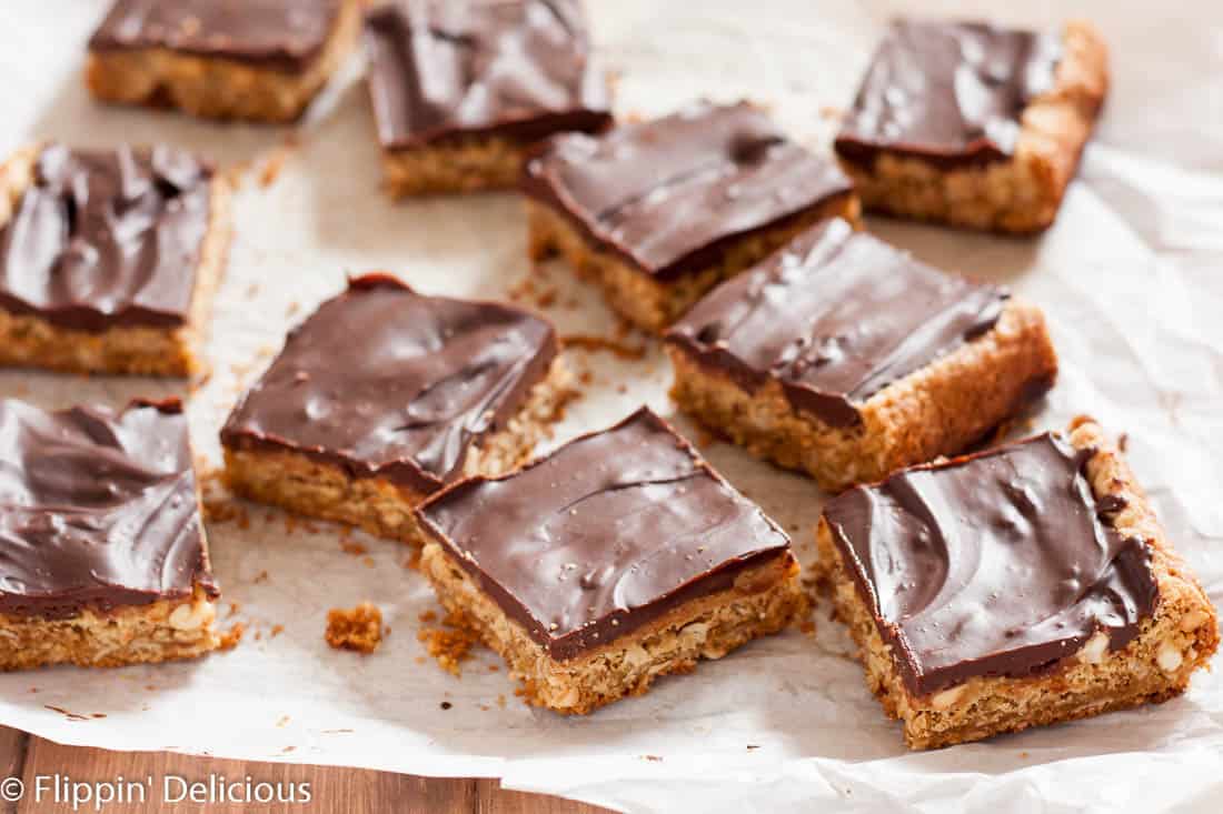 Chewy Gluten Free Peanut Butter Bars with chocolate ganache (dairy free) are the perfect afternoon treat! Also known as lunch lady peanut butter bars, I love the extra layer of peanut butter frosting!