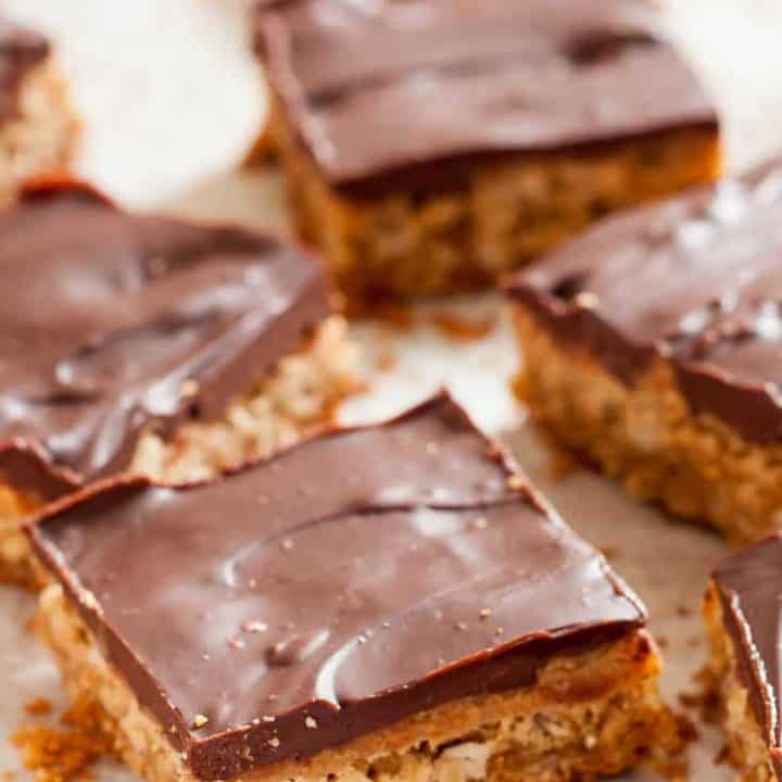 Chewy Gluten Free Peanut Butter Bars with chocolate ganache (dairy free) are the perfect afternoon treat! Also known as lunch lady peanut butter bars, I love the extra layer of peanut butter frosting!