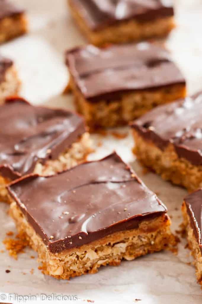 Chewy Gluten Free Peanut Butter Bars with chocolate ganache (dairy free) are the perfect afternoon treat! Also known as lunch lady peanut butter bars, I love the extra layer of peanut butter frosting!