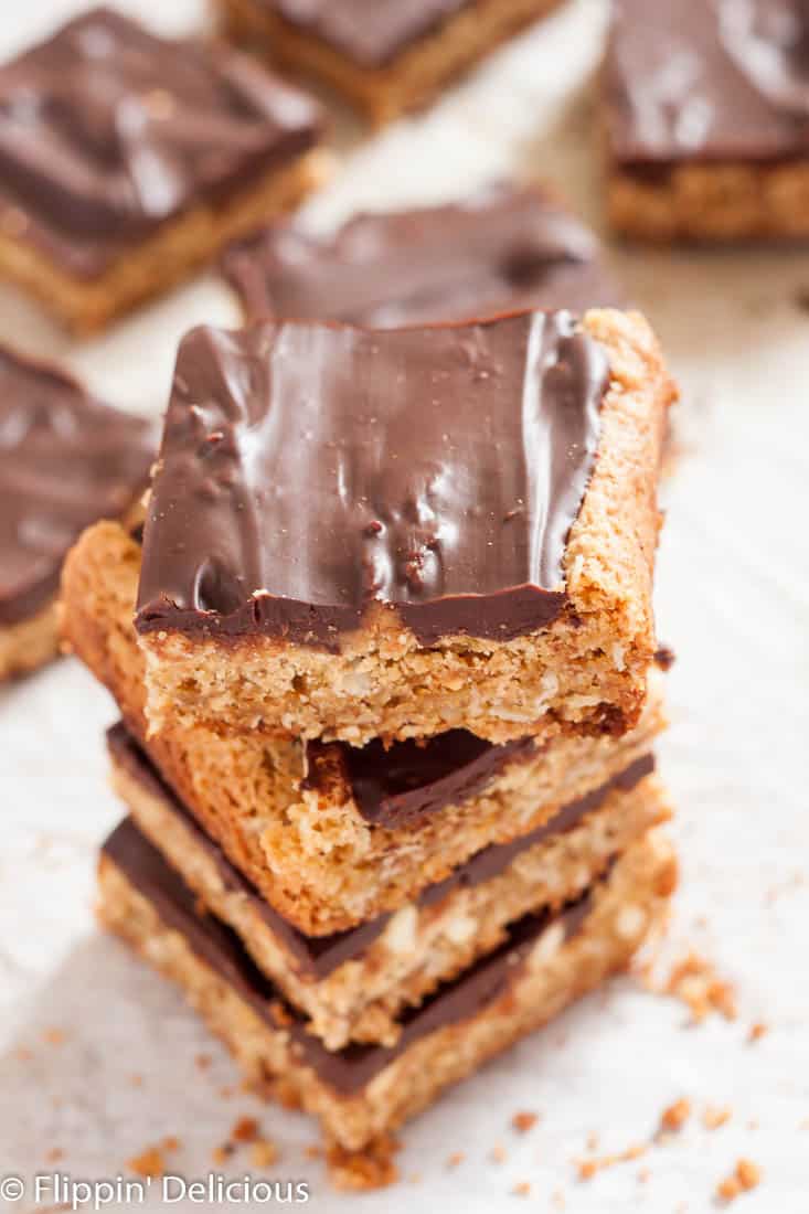Chewy Gluten Free Peanut Butter Bars with chocolate ganache (dairy free) are the perfect afternoon treat! Also known as lunch lady peanut butter bars, I love the extra layer of peanut butter frosting!