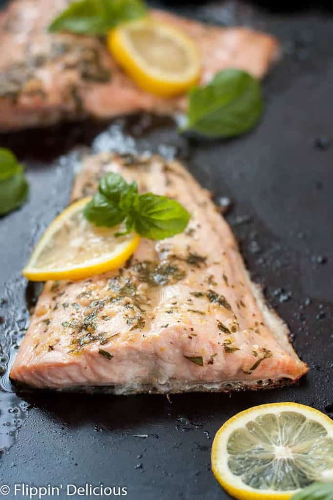 Lemon Basil Salmon is perfect for date night, dinner with friends, or even for your fish-loving kids! It goes perfectly with a toasted gluten free baguette.