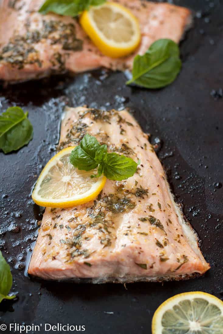 Lemon Basil Salmon is perfect for date night, dinner with friends, or even for your fish-loving kids! It goes perfectly with a toasted gluten free baguette.