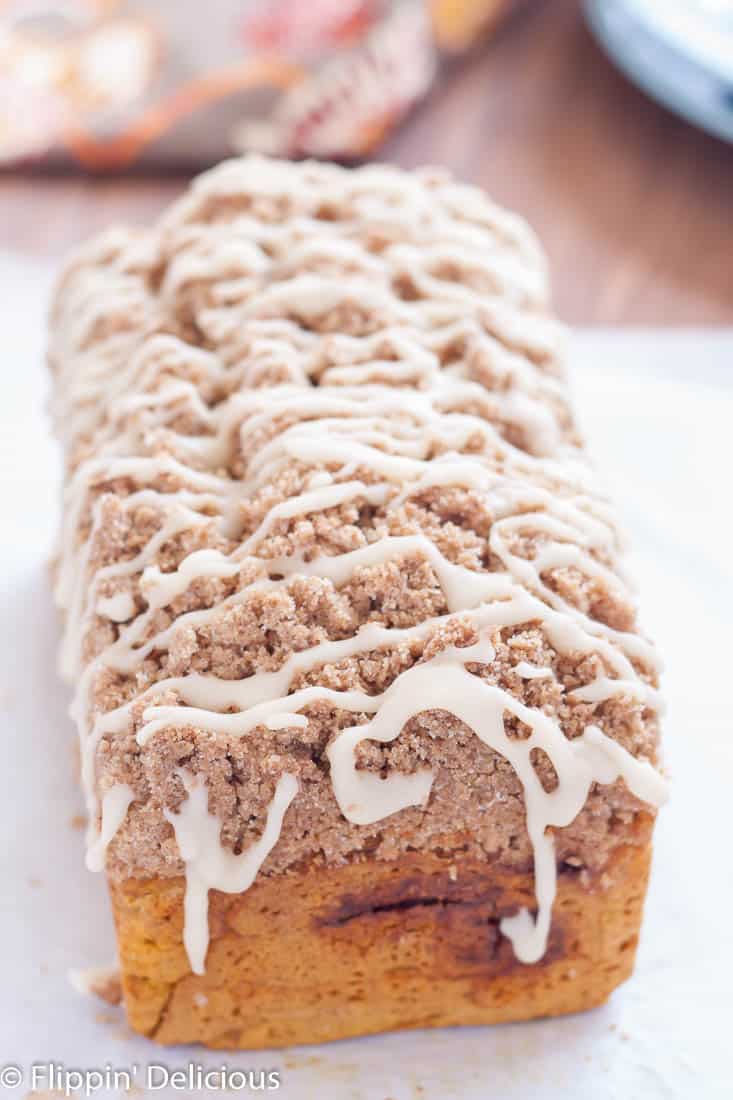 Gluten Free Pumpkin Cinnamon Swirl Bread with cinnamon streusel topping is surprisingly easy to make. Wow your family at brunch! (dairy free option) 