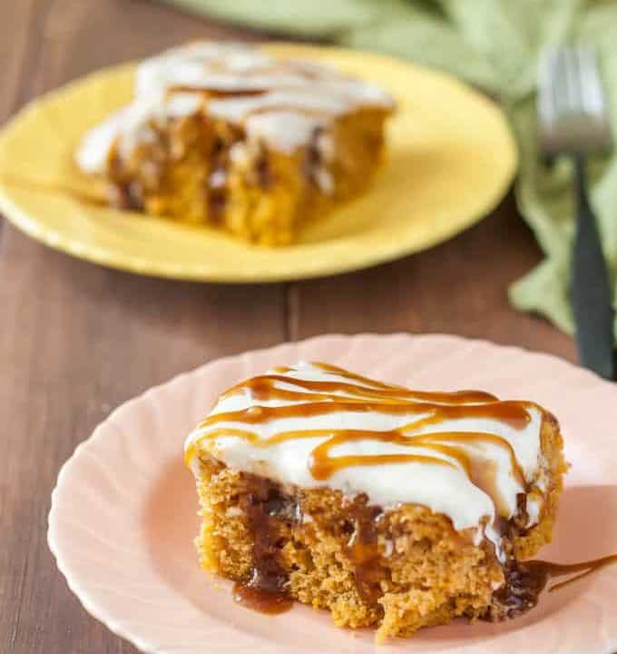 Gluten Free Butterbeer Cake inspired by Harry Potter! Gluten free pumpkin poke cake filled with butterscotch and frosted with dairy free cream cheese frosting or whipped cream.