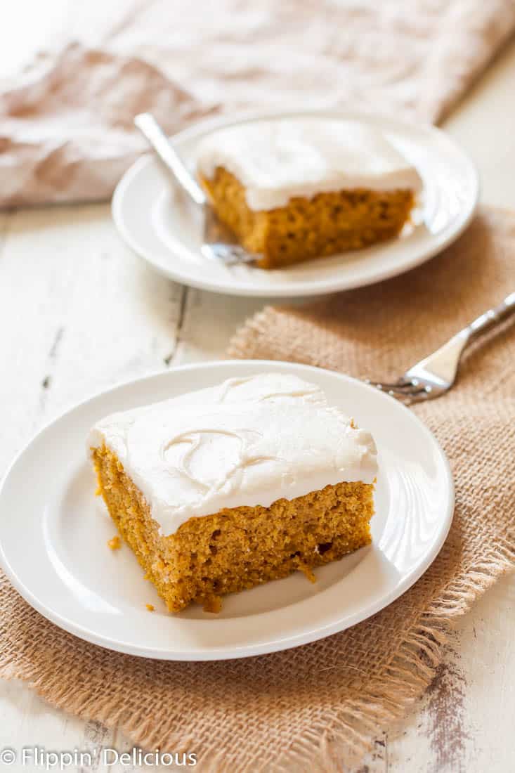 Moist Gluten Free Pumpkin Cake with cream cheese frosting is the ultimate easy fall dessert! Dairy free option.