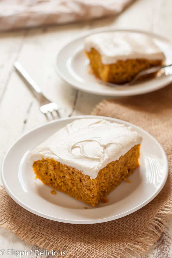 Moist Gluten Free Pumpkin Cake with cream cheese frosting is the ultimate easy fall dessert! Dairy free option.