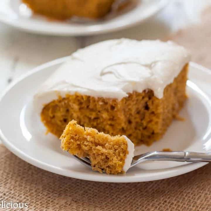 Moist Gluten Free Pumpkin Cake with cream cheese frosting is the ultimate easy fall dessert! Dairy free option.