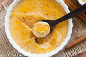 Sweet and creamy Dairy Free Pumpkin Creme Brulee with the iconic burnt sugar caramel top to crack. Easily made in an Instant Pot or your oven.