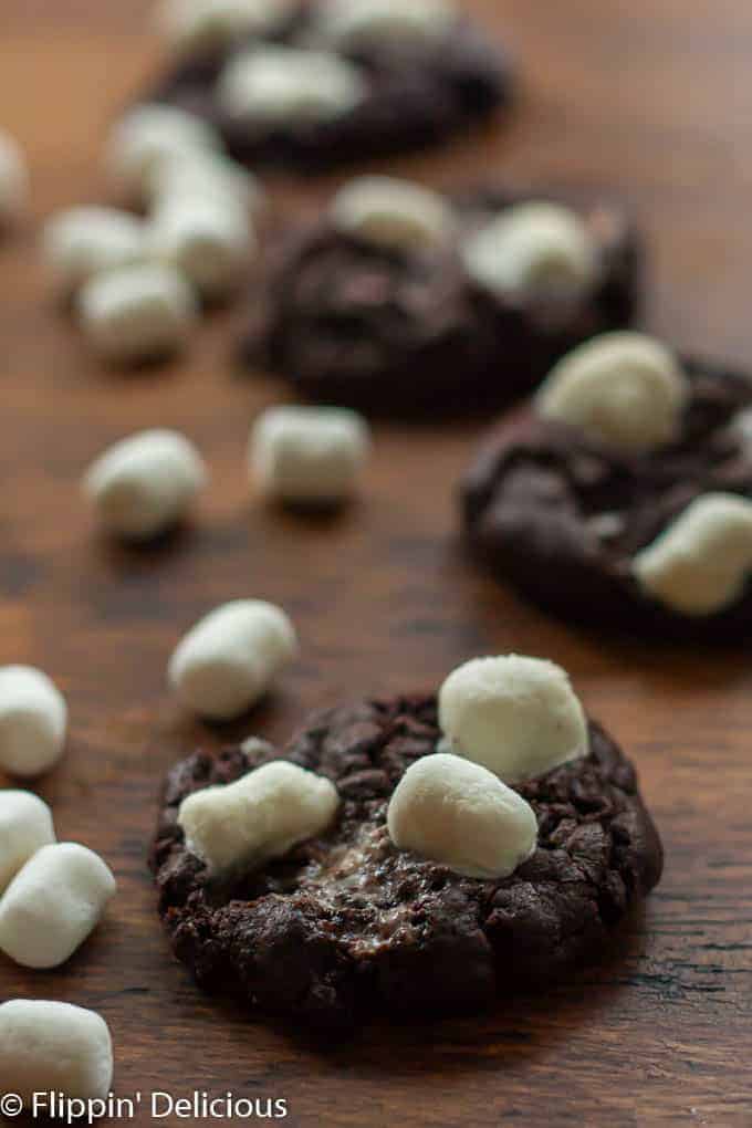 These gluten free hot chocolate cookies are made without any flour and are full of gooey melted marshmallows just like your favorite winter beverage.