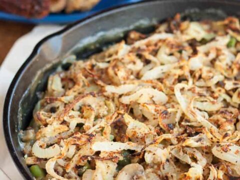 This gluten free vegan green bean casserole takes the classic comforting side and makes it accessible to nearly everyone! The homemade crispy onions make it really special.