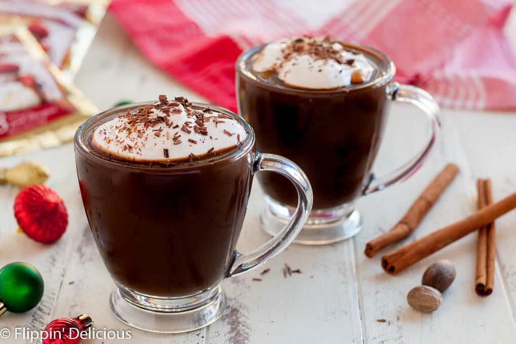 Indulgent Vegan Mexican Hot Chocolate, sweet and spicy hot chocolate topped with vegan whipped topping! 