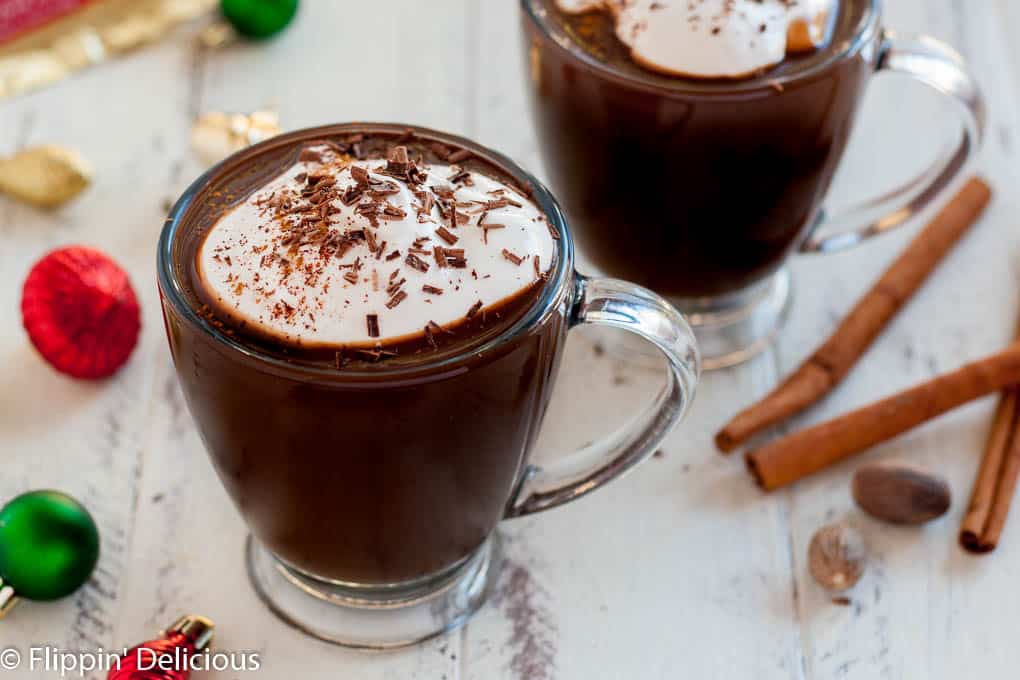 Indulgent Vegan Mexican Hot Chocolate, sweet and spicy hot chocolate topped with vegan whipped topping! 