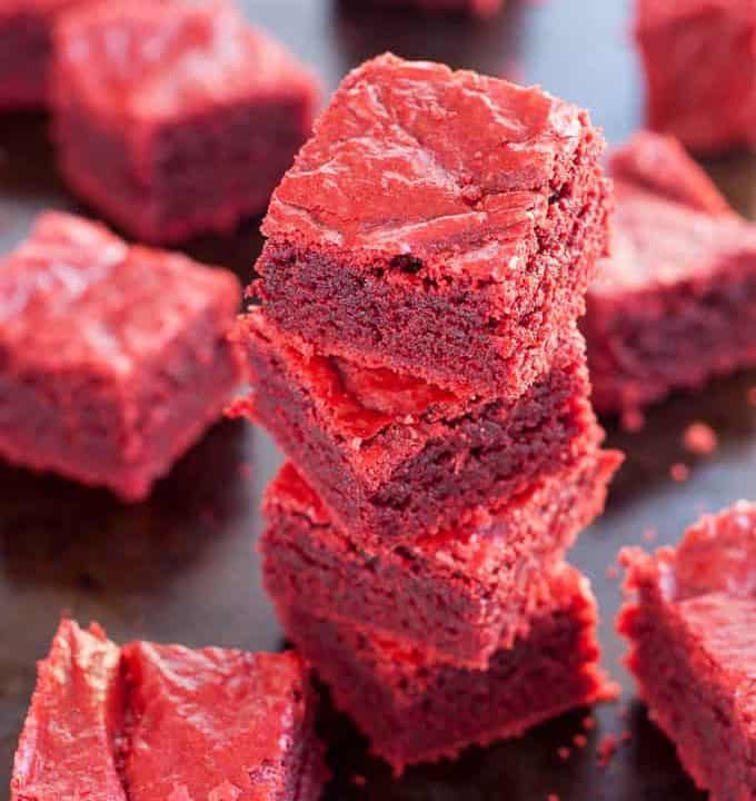 Gluten Free Red Velvet Brownies (dairy free, too) are chewy and fudgy with just a hint of cocoa and vanilla.