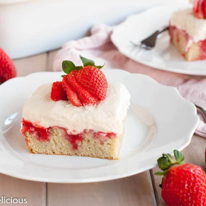 Dairy Free Gluten Free Strawberries and Cream Poke Cake makes an easy crowd-pleasing dessert.