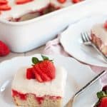 Dairy Free Gluten Free Strawberries and Cream Poke Cake makes an easy crowd-pleasing dessert.