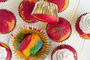 Gluten-Free Rainbow Cupcakes with vanilla frosting will make everyone swoon! Brightly-colored vanilla cupcakes with the perfect tender crumb, topped with a fluffy vanilla bean frosting. Whether you bake them up for the little leprechauns in your life or serve at a birthday party for the young-at-heart, they are sure to be a hit.