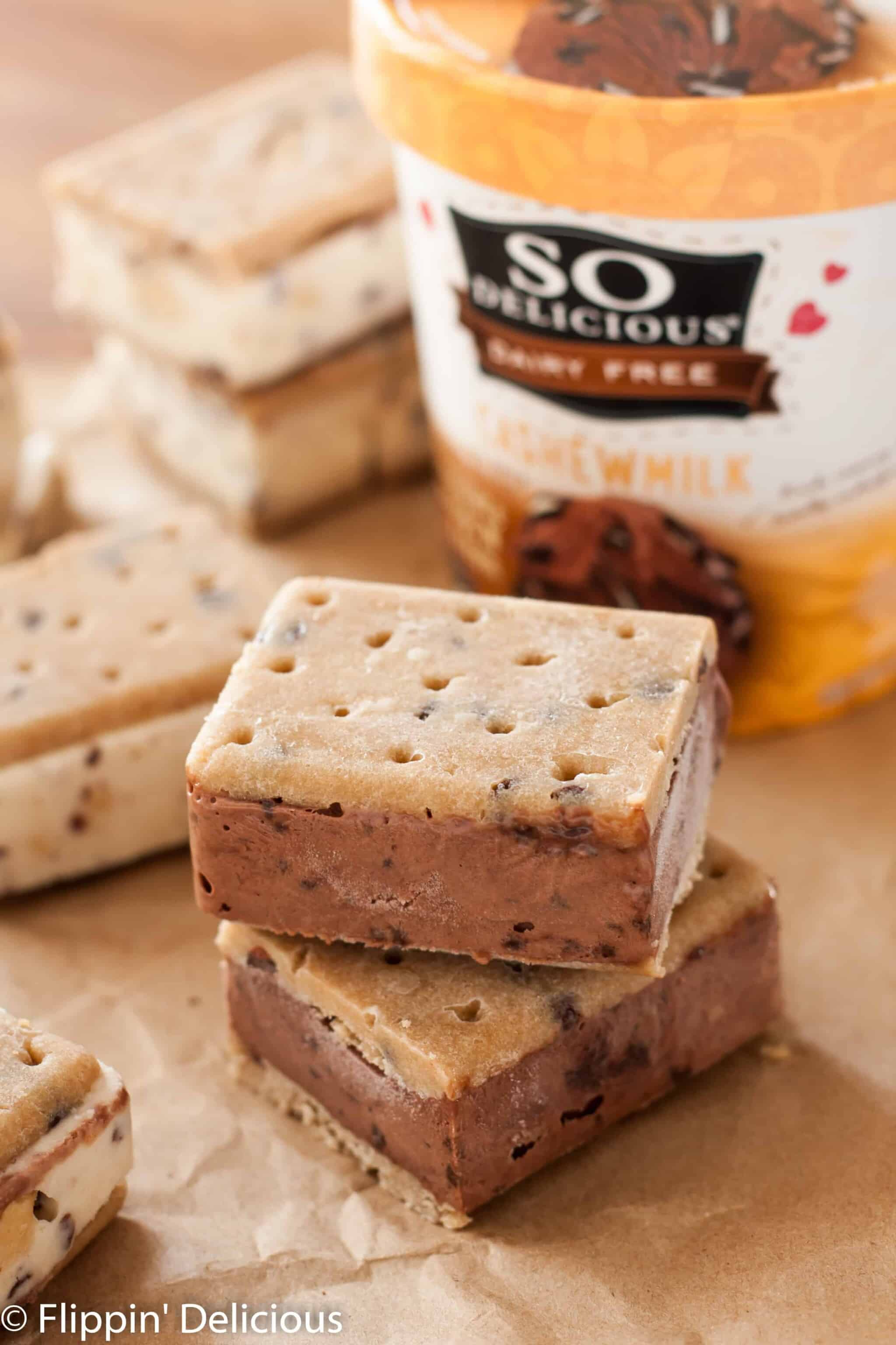 Gluten-free cookie dough ice cream sandwiches will make any cookie-dough-fan swoon. They are dairy-free and vegan, so the whole family can enjoy them.