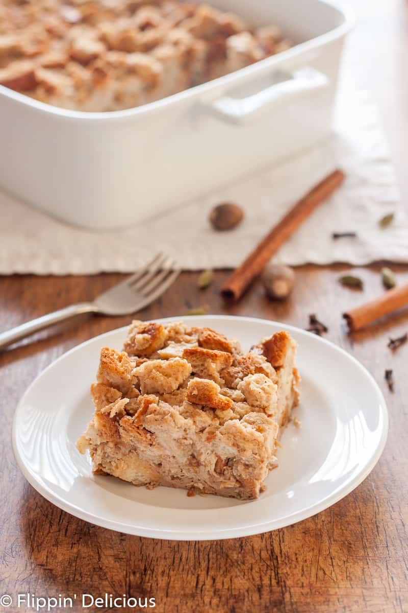 Gluten-Free Chai French Toast Casserole is easily made ahead and baked just before you are ready to enjoy it. The honey-butter sauce drizzled on top adds the perfect touch of sweetness.