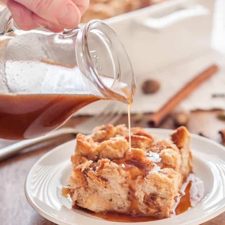 Gluten-Free Chai French Toast Casserole is easily made ahead and baked just before you are ready to enjoy it. The honey-butter sauce drizzled on top adds the perfect touch of sweetness.