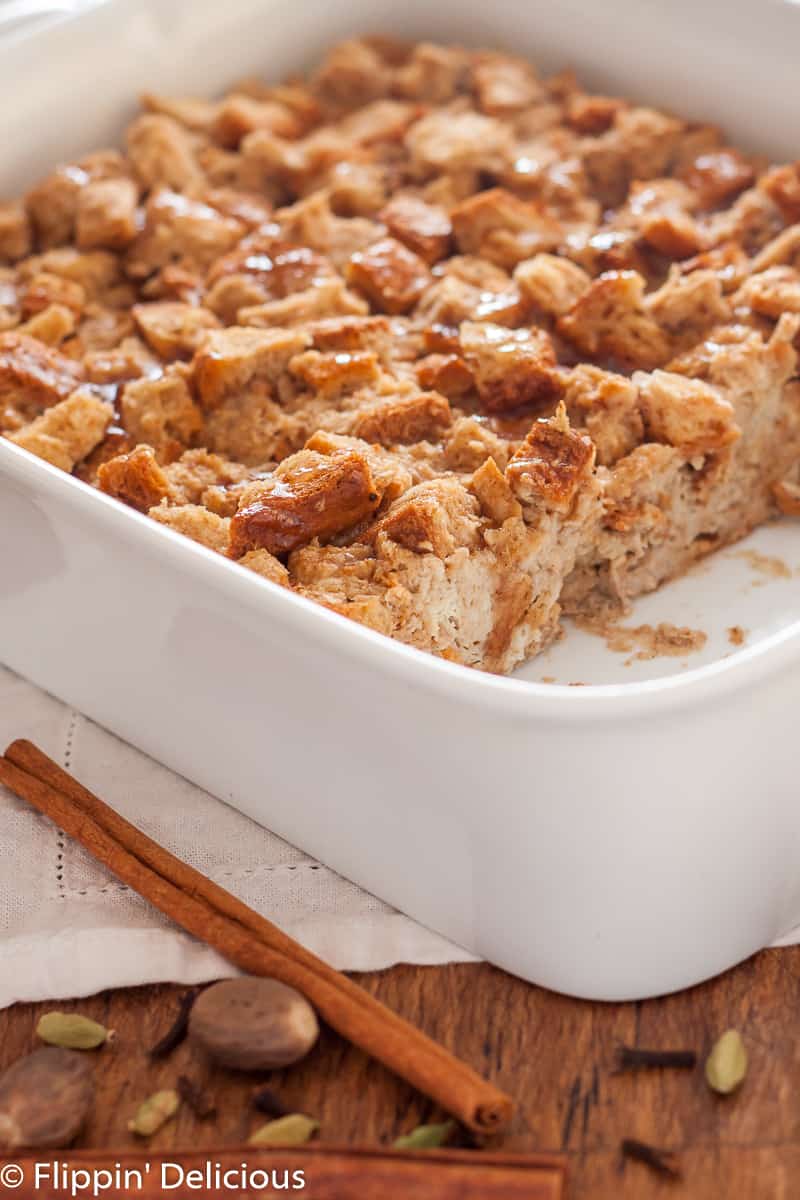 Gluten-Free Chai French Toast Casserole is easily made ahead and baked just before you are ready to enjoy it. The honey-butter sauce drizzled on top adds the perfect touch of sweetness.