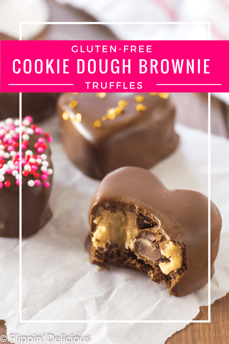 Gluten Free Cookie Dough Brownie Truffles are the perfect heart-shaped treat to give to your Valentine, or bring to your kid’s class party.
