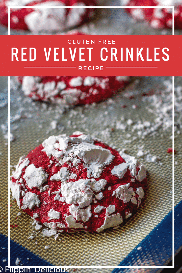 Gluten Free Red Velvet Crinkle Cookies are soft and cakey, with hints of real cocoa and vanilla. Covered in sweet powdered sugar, they make a fun and festive cookie.